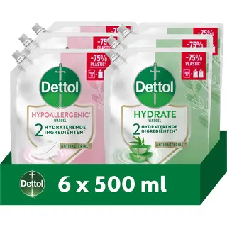 Dettol Navulling Handzeep 3 Liter - Hypoallergenic (Sensitive) 500ml X3 - Aloë Vera & Bamboe (Hydrate) 500ml X3 - Voordeelverpakking