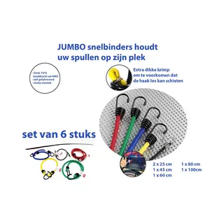 Jumbo Snelbinder/ Fietsbinder 6 Stuks 2x25, 1x45, 1x60, 1x80, 1x100cm - 20 Kg Met Extra Stevig Softe Haken.