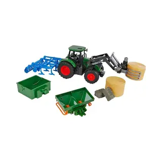 Kids Globe Tractor With Accessories 8-Piece (Green Bulldog With Two Bales Of Hay, Two Straw Bales, Tipper, Front Loader, Plough And Sowing Basket,