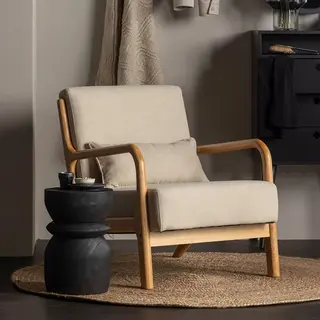 Woood Mark Fauteuil - Geweven Stof/Rubberhout - Naturel/Beige - 75x67x82 Cm