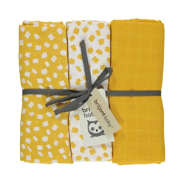 Briljant Baby Multidoek Hydrofiel Xl Flocks - Swaddle - Inbakerdoek - 120x120 - 3 Stuks - Geel thumbnail