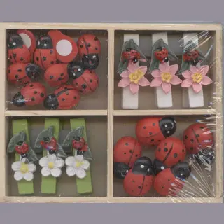 tok-tok.nl Houten Decoratiefiguurtjes - Wasknijpertjes - Bloemen Onzelieveheersbeestje