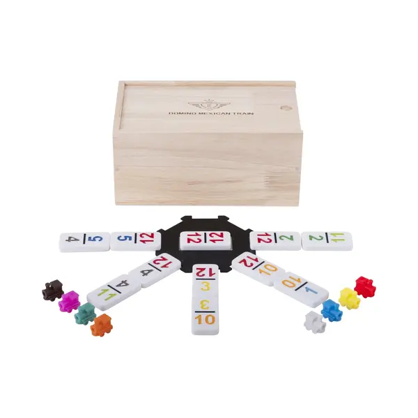 Engelhart - 250180 - Mexican Train Dominoes Set D12 - Numbers Version - Wooden Box - 91 Dominoes (7.5 Mm) + 8 Colorful Trains - 2 To 8 Players thumbnail