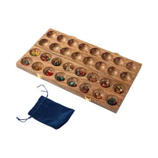 Mancala Dubbel - Walnoot Met 75 Grote Edelstenen - Longfield
