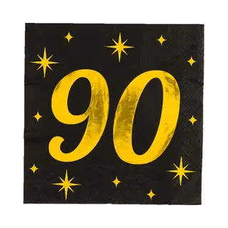 Paper dreams Paperdreams Verjaardag Feest Servetten - Leeftijd 90 Jaar - 16x Stuks - Zwart/goud - Sterren - 33 X 33 Cm