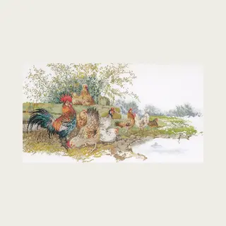 Thea Gouverneur - Borduurpakket Met Telpatroon - 2038 - Voorgesorteerde Dmc Garens - Kippen - Linnen - 37 Cm X 68 Cm - Diy Kit