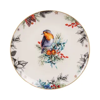 Clayre & Eef Ontbijtbord Ø 20 Cm Wit Porselein Vogel
