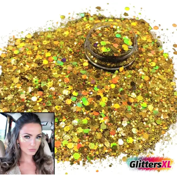 GlittersXL® Chunky Glitters (Goud) Voor Lichaam En Gezicht - Biologisch Afbreekbaar Festival Glitters Gold - Face & Body Jewels Make-up - Glittergel thumbnail