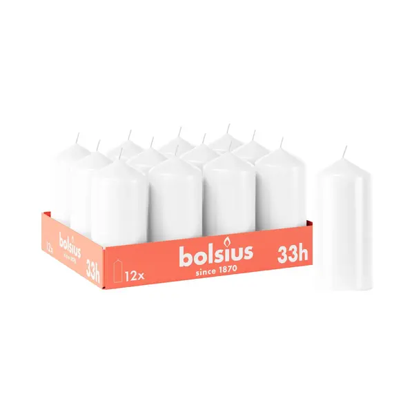 Bolsius Smooth Pillar Candles - White - Pack Of 12-12 X 6 Cm - Decorative Household Candles - Burn Time 33 Hours - Unscented - Contains Natural Plant thumbnail