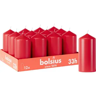 Bolsius Smooth Pillar Candles - Red - Pack Of 12-12 X 6 Cm - Decorative Household Candles - Burn Time 33 Hours - Unscented - Contains Natural Plant