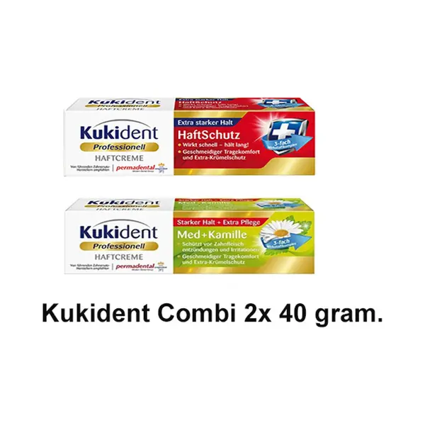 Kukident Kleefpasta 1x Extra Sterk + 1x Professional Sterk - Med+Kamille- 40 Gram - Voordeelset 2 Stuks!! thumbnail