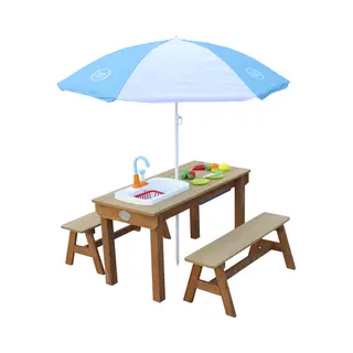 Axi Dennis Zand & Water Picknicktafel met Speelkeuken wastafel en losse bankjes Bruin - Parasol Blauw/wit