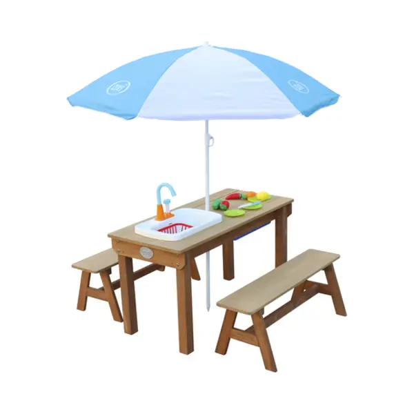 Axi Dennis Zand & Water Picknicktafel met Speelkeuken wastafel en losse bankjes Bruin - Parasol Blauw/wit thumbnail
