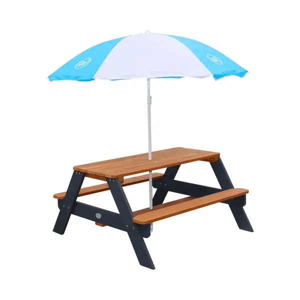 Axi Nick Picknicktafel Antraciet/bruin - Parasol Blauw/wit - Picknick Tafel Voor Kinderen Van Fsc Hout thumbnail