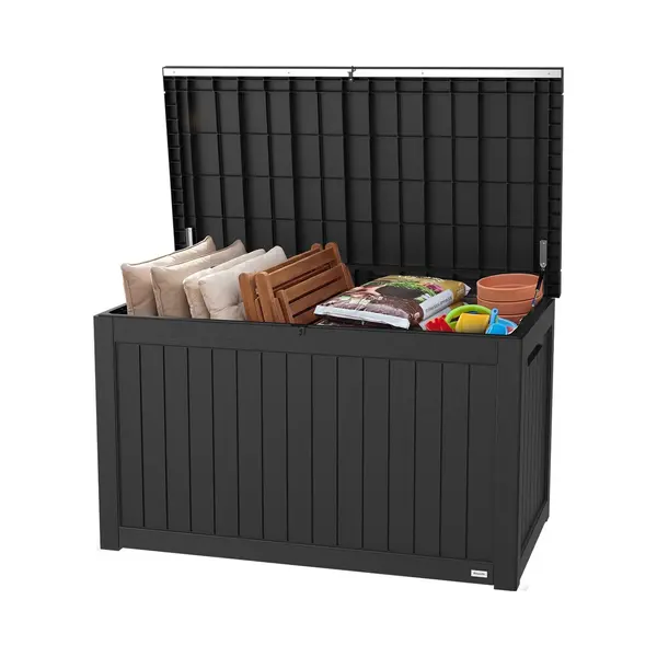 LifeGoods Aufbewahrungsbox - 870L - Kissenbox - Wasserdicht - Garten-Kissenbox - Rostfrei - Gartenbox - 146.5x81.5x85.6 Cm - Schwarz thumbnail