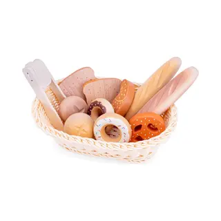 Woet® Houten Broodmandje Speelset - Diverse Broodjes & Gebak In Mandje Met Tang - Rollenspel Bakkerswinkel - Speelgoedkeuken Accessoires Voor