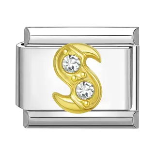 Quiges - 9mm Italian Style Charm Link Module Stainless Steel Zirconia Gold Alphabet Letter S For Italian Style Bracelets
