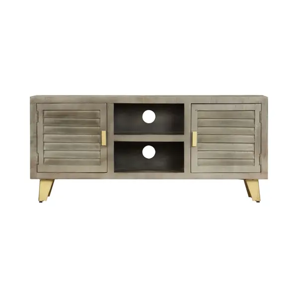 Vidaxl - Tv Cabinet Solid Mango Wood Grey With Brass 110x30x48 Cm thumbnail