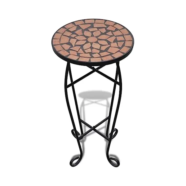 VidaXL Balcony Mosaic Side Coffee Table - Iron Frame Plant Stand, Elegant Curved Legs, Ceramics Terracotta/Black, Weatherproof, Easy Clean thumbnail