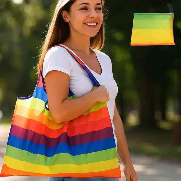 Grote Opvouwbare Boodschappentas Shopper Strandtas – Duurzame Herbruikbare Tas Ruim Sterk Compact En Stijlvol Met Etui, Dessin Rainbow thumbnail