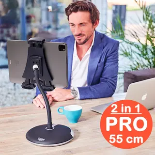 Goos-E Tablet Houder + Telefoonhouder Pro (6-14 Inch) - IPad Houder - Tablet Standaard - Met Voet - Flexibel & Stijlvol - O.a. Bureau, Tafel, Bed, Bad