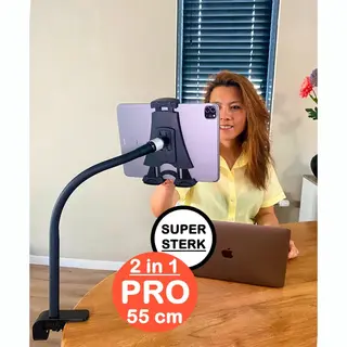 Goos-E Tablet Houder + Telefoonhouder Pro (6-14 Inch) - IPad Houder Standaard - Super Sterk & Stijlvol - Met 2-weg Klem - O.a. Bureau, Tafel En Bed -