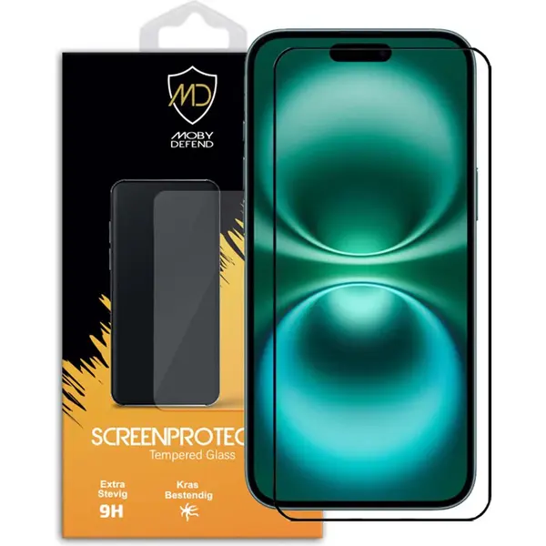 MobyDefend Screenprotector - Geschikt Voor IPhone 16 Plus - Screensaver Met Zwarte Randen - Gehard Glas thumbnail
