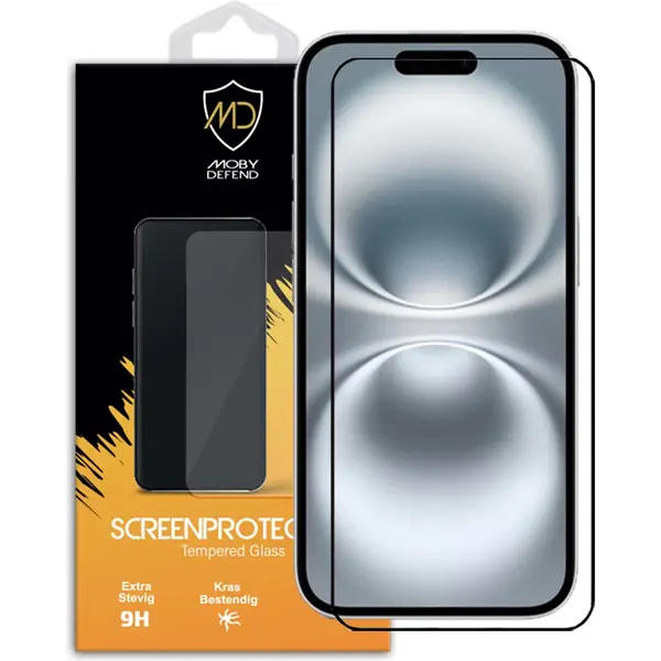 MobyDefend Screenprotector - Geschikt Voor IPhone 16 - Screensaver Met Zwarte Randen - Gehard Glas thumbnail