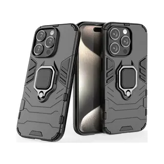MobyDefend Hoesje - Geschikt Voor IPhone 16 Pro - Dubbelgelaagde Pantsercase Met Standaard - Zwart