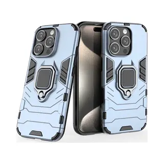 MobyDefend Hoesje - Geschikt Voor IPhone 16 Pro - Dubbelgelaagde Pantsercase Met Standaard - Blauw