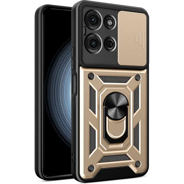 MobyDefend Hoesje - Geschikt Voor Motorola Moto G75 - Pantsercase Met Draaibare Ring - Goud thumbnail