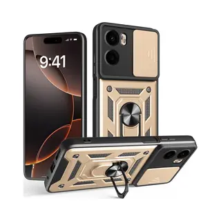 MobyDefend Hoesje - Geschikt Voor Motorola Moto E15 / G05 - Pantsercase Met Draaibare Ring - Goud
