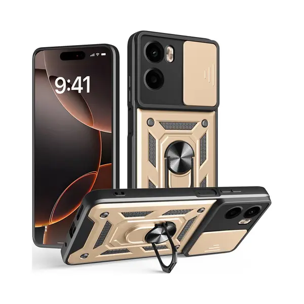 MobyDefend Hoesje - Geschikt Voor Motorola Moto E15 / G05 - Pantsercase Met Draaibare Ring - Goud thumbnail