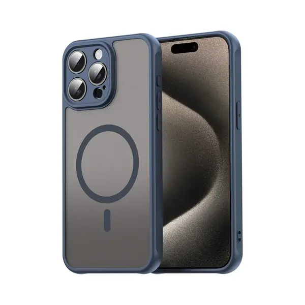 MobyDefend Hoesje - Geschikt Voor IPhone 15 Pro Max - Case Geschikt Voor MagSafe - Mat Transparant Met Gekleurde Rand - Blauw thumbnail