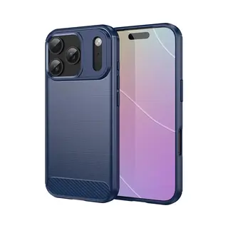 MobyDefend Hoesje - Geschikt Voor IPhone 17 Pro - Tpu Backcover - Geborstelde Metaal & Carbon-Look - Blauw