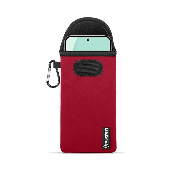MobyDefend Hoesje - Geschikt Voor Oppo Reno14 - Neopreen Pouch Met Karabijnhaak - Insteek - Riemlus - Rood thumbnail
