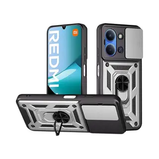 MobyDefend Hoesje - Geschikt Voor Xiaomi Redmi 15C 5G - Pantsercase Met Draaibare Ring - Zilvergrijs
