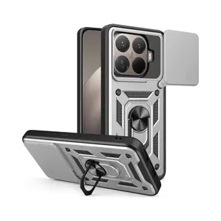 MobyDefend Hoesje - Geschikt Voor Xiaomi 15T Pro - Pantsercase Met Draaibare Ring - Zilvergrijs