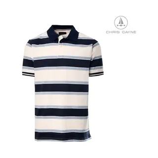 Chris Cayne Heren Poloshirt - L - Valt Ruim - Gestreept Dessin - Print - Jersey - Offwhite/blauw - Polo - Heren