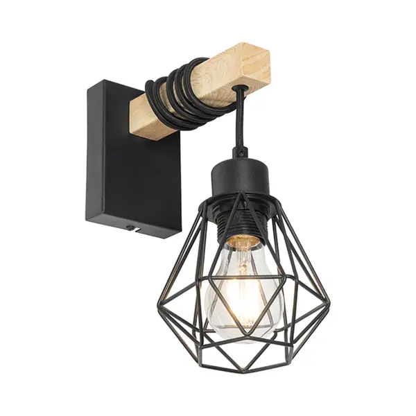 Qazqa Ländliche Wandlampe Schwarz Mit Holz - Chon thumbnail