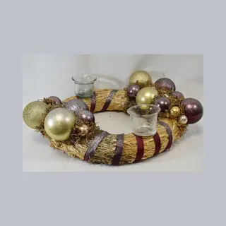 ZoeZo Design - Krans - Natuurlijke Materialen - Riet - Ø 30 Cm - Ligkrans - Kerstkrans - Tafelkrans - Met 2 Waxinelichtjeshouders - Goud - Paars -