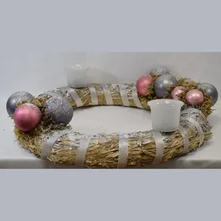 ZoeZo Design - Krans - Natuurlijke Materialen - Riet - Ø 40 Cm - Ligkrans - Kerstkrans - Tafelkrans - Met 2 Waxinelichtjeshouders - Grijs - Roze -