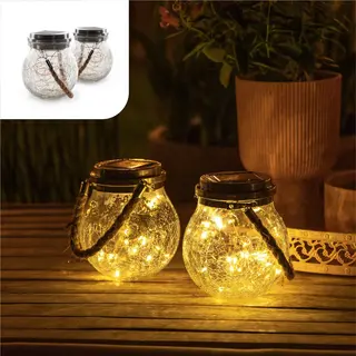 Gadgy Solar Lantaarn Craquelé Glas Met 20 Fairy Lights - Tafellamp Set Van 2 - Solar Tuinverlichting Op Zonneenergie - Led Buitenverlichting Met
