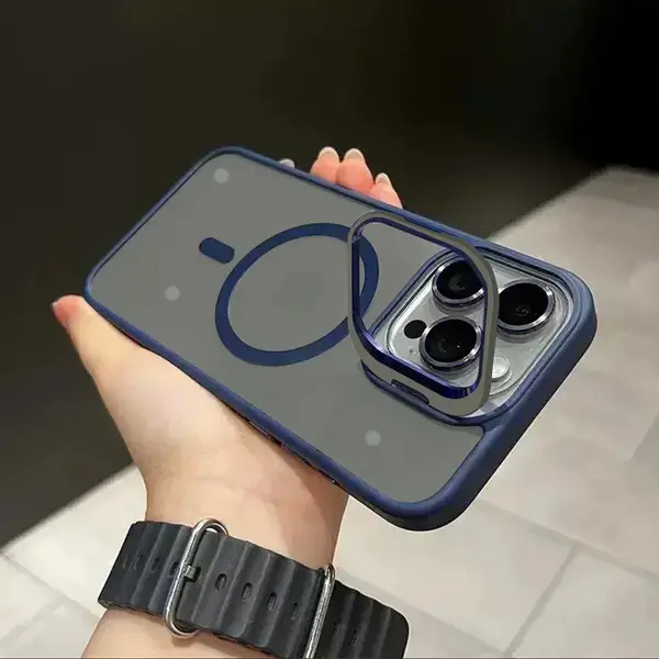 GsmNest IPhone 14 Plus (14+) Magsafe Camera Glass Door Shield Silicone Case / MagSafe Hoes Met Camera Bescherming, Kickstand & Glazen Deur Blauw thumbnail