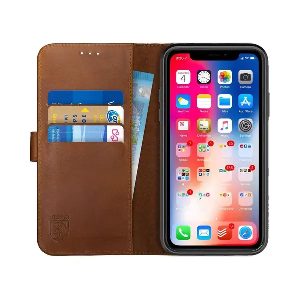 Rosso Deluxe Echt Leer Book Case Hoesje Geschikt Voor Apple IPhone Xr | Ruimte Voor Drie Pasjes | Portemonnee Book Case | Met Pasjeshouder | Bruin thumbnail