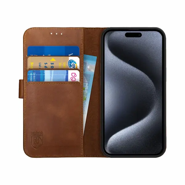 Rosso Deluxe Echt Leer Book Case Hoesje Geschikt Voor Apple IPhone 15 Pro | Ruimte Voor Drie Pasjes | Portemonnee Book Case | Met Pasjeshouder | Bruin thumbnail