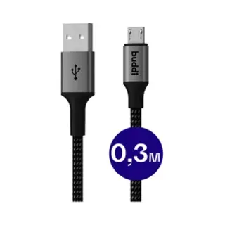 Buddi Flex | Usb-A Naar Micro-Usb Kabel 12W Fast Charge 5V/2.4A | 480Mbps Dataoverdracht | Gevlochten Nylon | 30 Cm | 0.3 Meter | Zwart