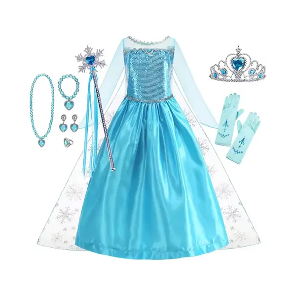 Verkleedkleding Prinsessen Jurk - Met Accessoires - Kinderen - Elsa - Kostuum - Verkleed Jurk - Carnaval - Verkleed Spel - 4 Jaar - 5 Jaar - 6 Jaar- 110/116 120 Cm thumbnail