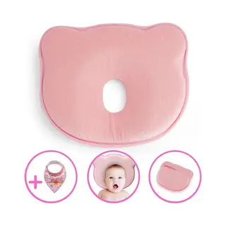 BabyIQ Baby Iq Orthopedisch Baby Hoofdkussen – Traagschuim – Tegen Plat Achterhoofd – Kraamcadeau –Roze – Incl Bandana Slabber