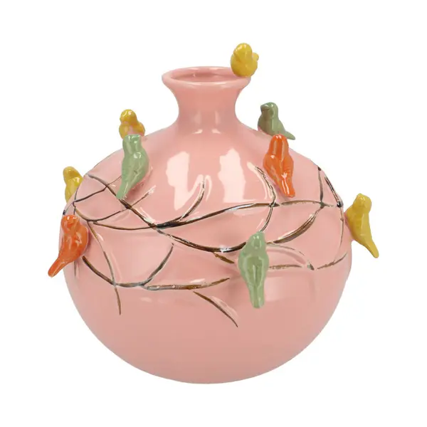 Dk Design Vaas Spring Birds - Roze - Keramiek - D14 X H14 Cm - Bloemenvaas thumbnail